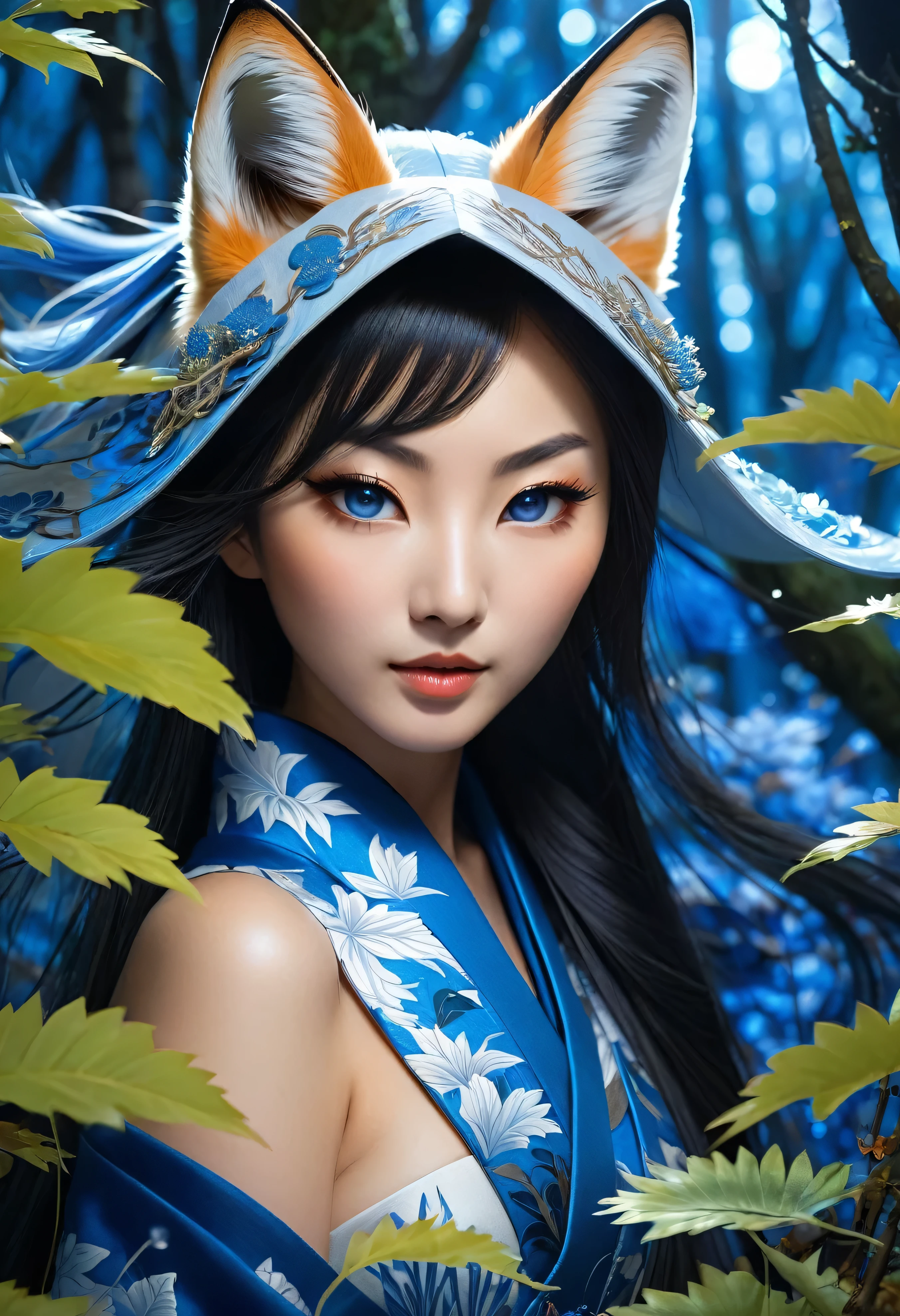 Masterpiece, Extremely detailed, beautiful, perfect face e, close distance shot, (A beautiful kitsune woman peering through the leaves in a dense forest) , {she is surrounded by motes of blue fire}, facing viewer, (dynamic pose) , fox ears, nine fox tails, traditional Japanese clothing. Japanese sandels, ((vegetation in the forground, dew, subject partially obscured by vegetation)) , ((moonlit night))
