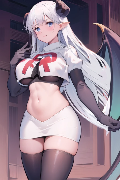 1girl,large breasts,albionsuccubus,bat wings, 
team rocket,team rocket uniform,white skirt,red letter R,crop top,black thigh-highs,black elbow gloves
 