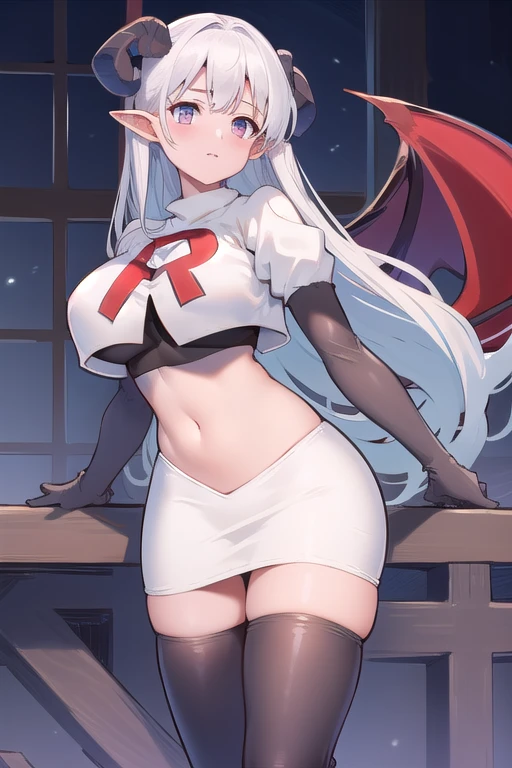 1girl,large breasts,albionsuccubus,bat wings, 
team rocket,team rocket uniform,white skirt,red letter R,crop top,black thigh-highs,black elbow gloves
 