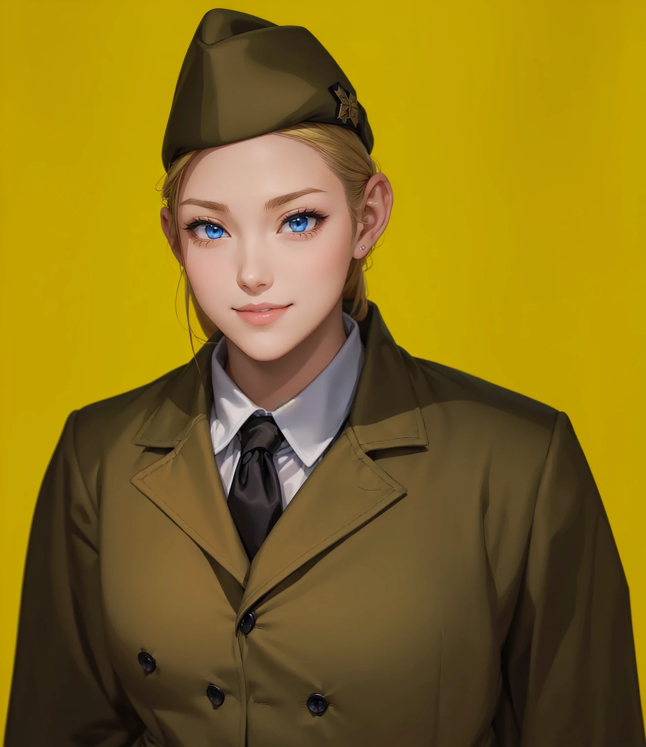 Female, (girls:1.5), (exceptional, best aesthetic, new, newest, best quality, anime, waifu:1.2), best quality, ultra detailed, absurdres, highres, colored, good anatomy, normal eyes, centered eyes, no cockeyed, no cross-eyes black hair, pretty smiling kind face, blonde hair, blue eyes, olive color soft hat, olive color coat, inside white shirt, black tie,