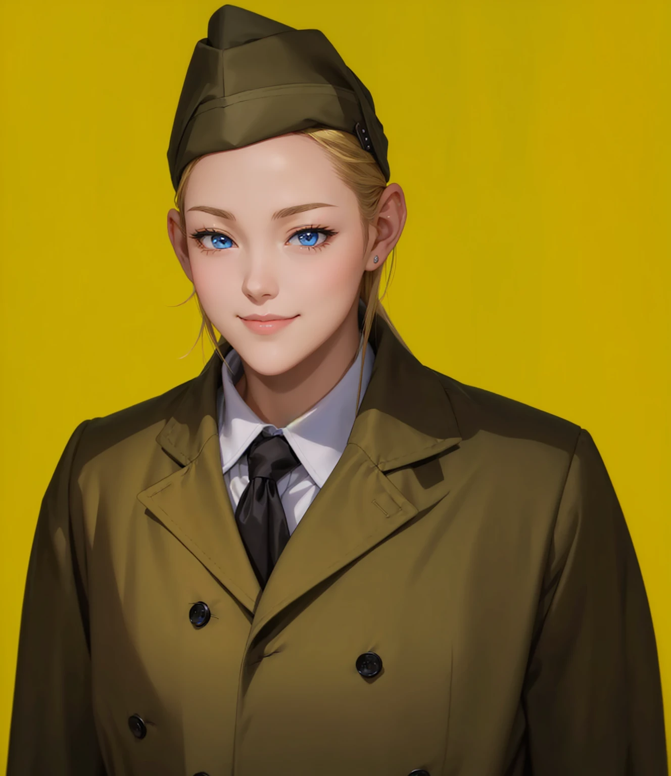 Female, (girls:1.5), (exceptional, best aesthetic, new, newest, best quality, anime, waifu:1.2), best quality, ultra detailed, absurdres, highres, colored, good anatomy, normal eyes, centered eyes, no cockeyed, no cross-eyes black hair, pretty smiling kind face, blonde hair, blue eyes, olive color soft hat, olive color coat, inside white shirt, black tie,