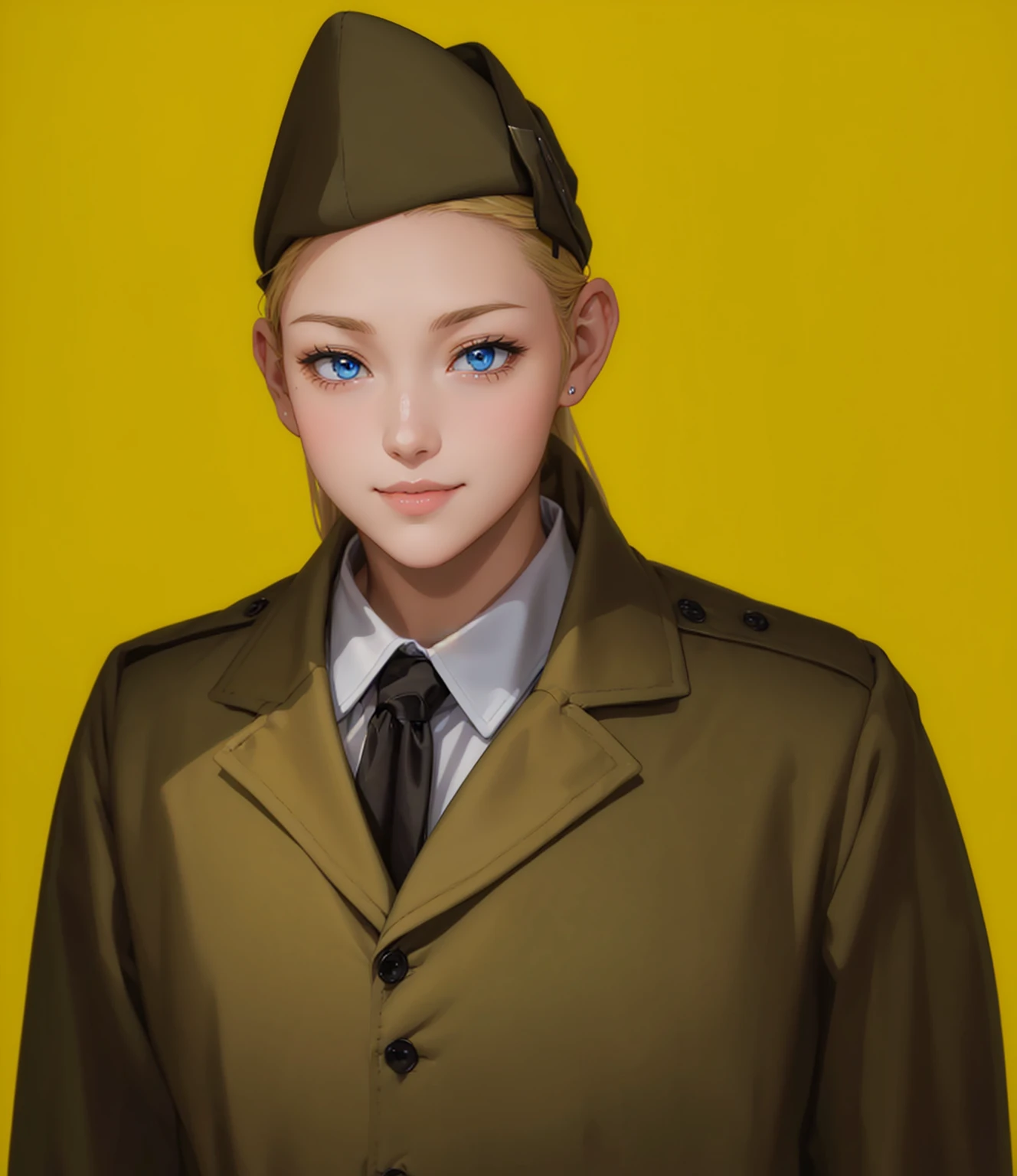 Female, (girls:1.5), (exceptional, best aesthetic, new, newest, best quality, anime, waifu:1.2), best quality, ultra detailed, absurdres, highres, colored, good anatomy, normal eyes, centered eyes, no cockeyed, no cross-eyes black hair, pretty smiling kind face, blonde hair, blue eyes, olive color soft hat, olive color coat, inside white shirt, black tie,