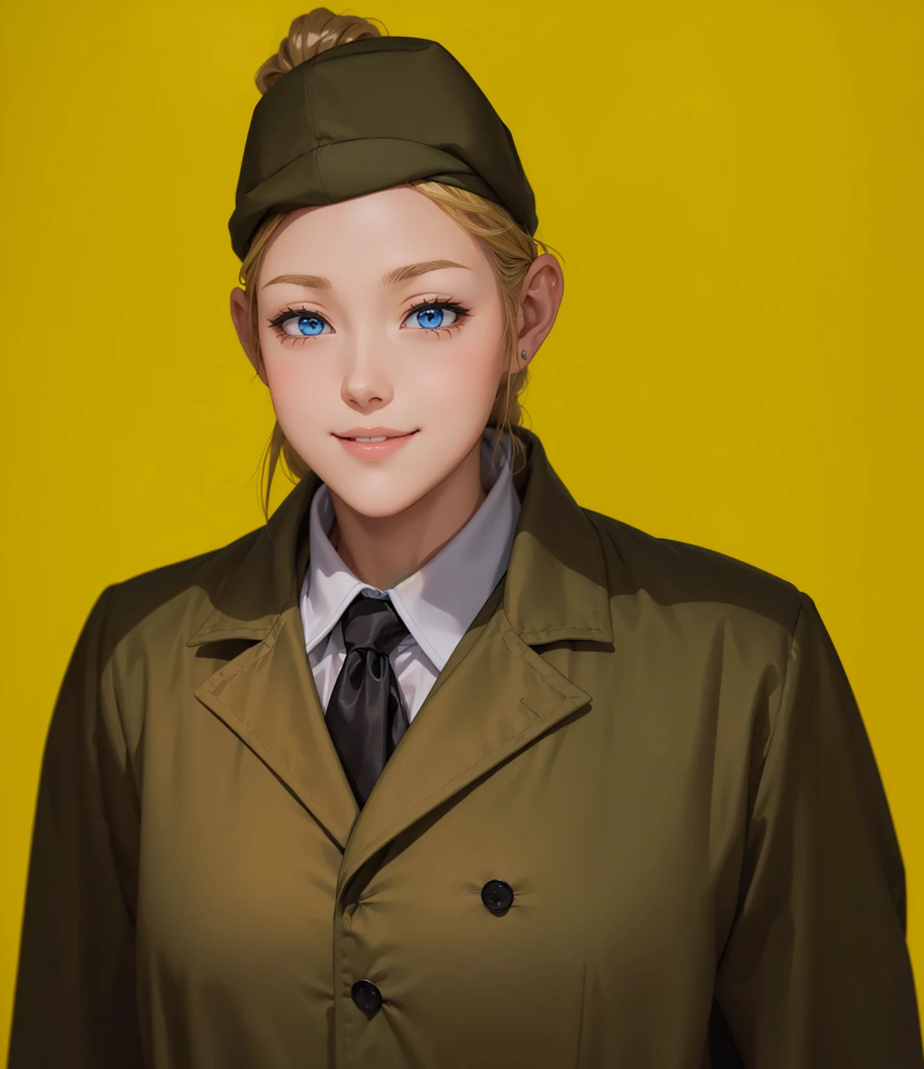 Female, (girls:1.5), (exceptional, best aesthetic, new, newest, best quality, anime, waifu:1.2), best quality, ultra detailed, absurdres, highres, colored, good anatomy, normal eyes, centered eyes, no cockeyed, no cross-eyes black hair, pretty smiling kind face, blonde hair, blue eyes, olive color soft hat, olive color coat, inside white shirt, black tie,