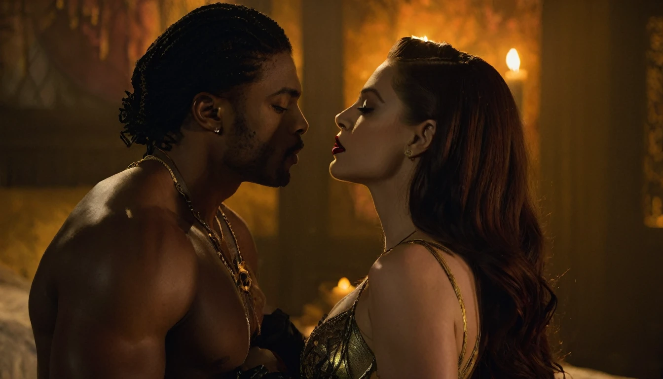 Daveed Diggs as Marvel Comics' Jericho Drumm AKA Doctor Voodoo and Anna Hopkins as Lilith from Freeform's "Shadowhunters" share a steamy kiss inside a bedroom lit only by candlelight. Anna has lovely makeup on her face. Anna wears dark-red lipstick. Nighttime. Romantic ambiance. Symmetrical eyes. Symmetrical faces. Lovely details. Photorealistic. Full-colored photo. Professional photo. Highly detailed 8K.