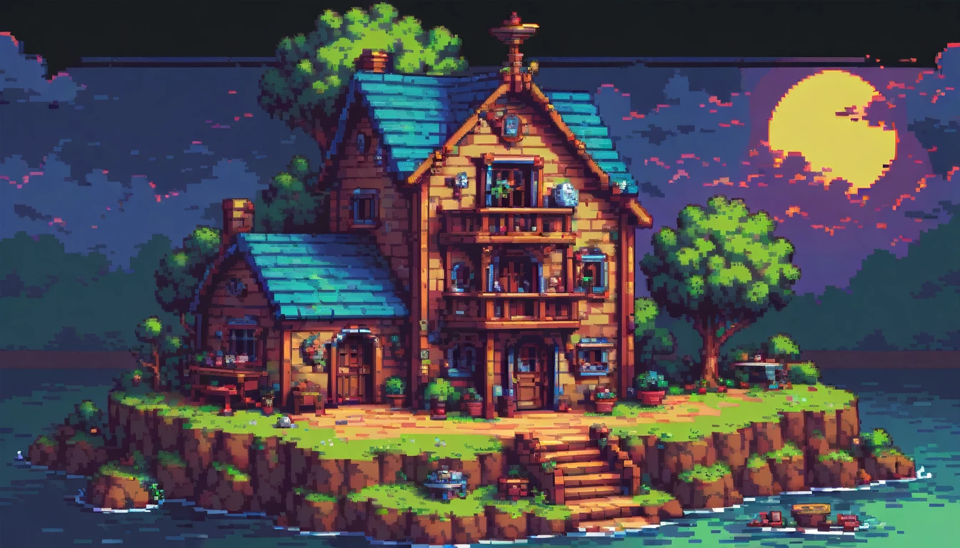 Pixel Art、On the boat、night、moonlight