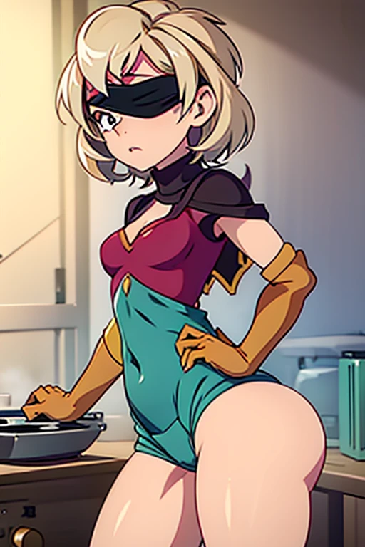 girl in spandex booty shorts, wearing oven mittens tucked in pockets, blindfold
