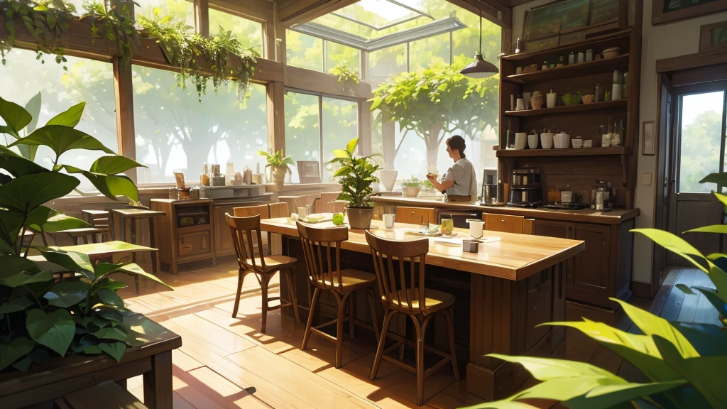 A cozy, sunlit café filled with an abundance of green plants, creating a lush, inviting atmosphere. Large windows allow natural light to flood the space, casting warm, dappled sunlight across the wooden floors and furniture. The café is furnished with a mix of wooden tables, chairs, and stools, and features a counter with a coffee machine and various coffee-making equipment. The walls and shelves are adorned with potted plants of various sizes, adding to the greenery and natural charm. The overall ambiance is peaceful and welcoming, perfect for enjoying a relaxing cup of coffee amidst the greenery.