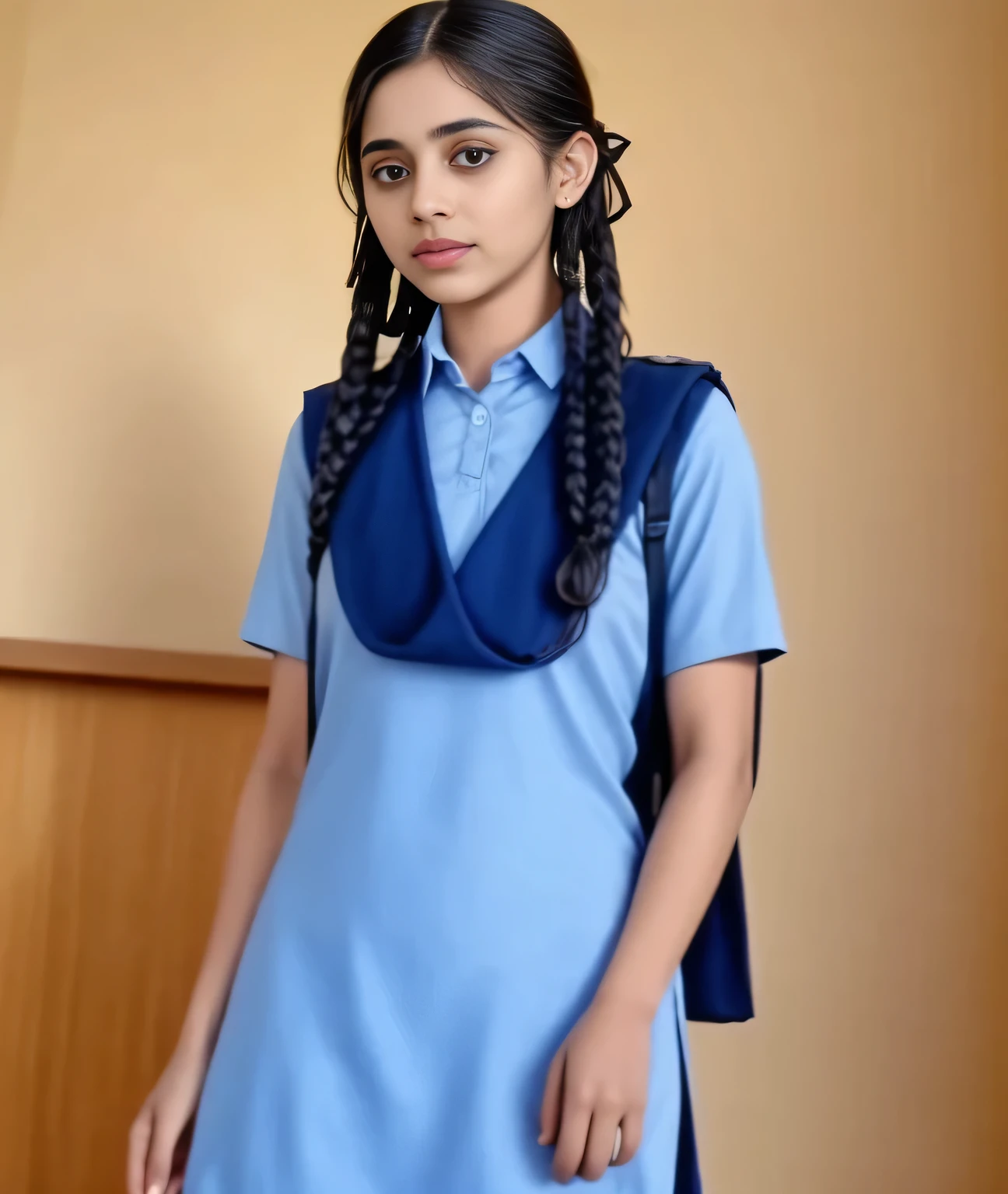 Raw photo , 1 girl ,Wearing salwar kameez uniform, 19 years old school girl, with plait , professional photographer, (hdr:1.4), masterpiece, ultra-realistic 8k, perfect artwork, intricate details, cute face, award winning photograph, (Best quality, 8k, 32k, Masterpiece, UHD:1.3)