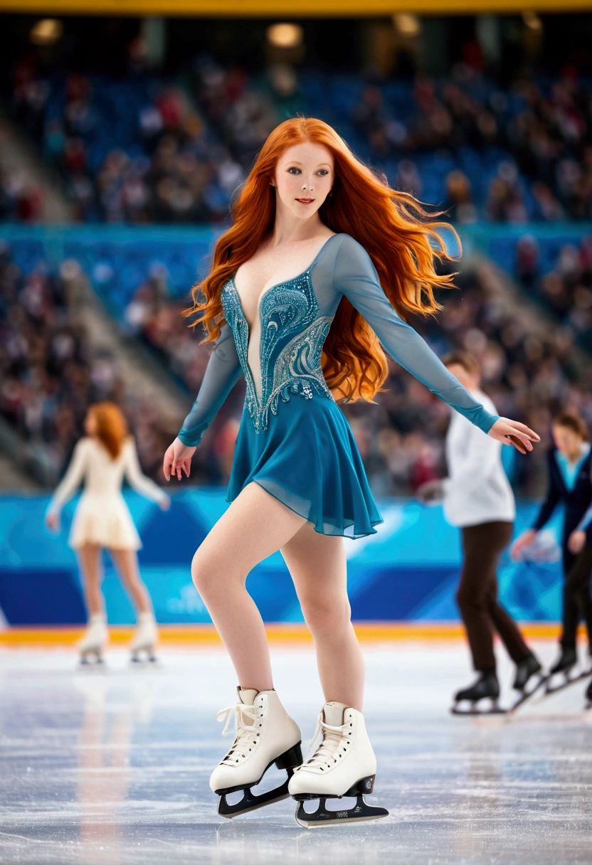 ultra realistic, photography, long red hair, girl, 24 years old, hourglass figure, perfect body, Flirty look, natural breasts, blur background, in a crowded olympic stadium, doing some ice skating, doing skating figures on ice, full body, (full body) (wide shot)