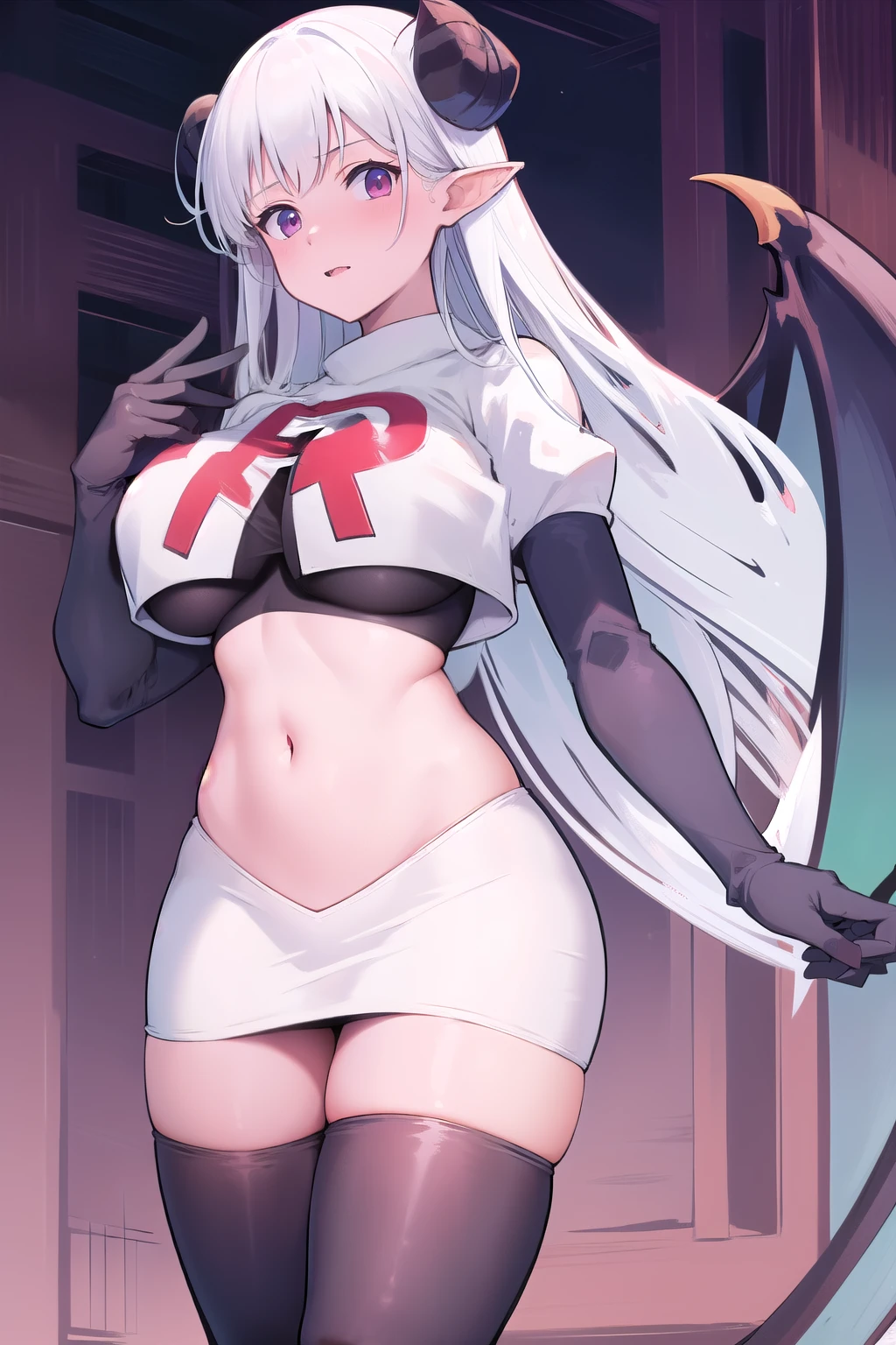 1girl,large breasts,albionsuccubus,bat wings, 
team rocket,team rocket uniform,white skirt,red letter R,crop top,black thigh-highs,black elbow gloves
 