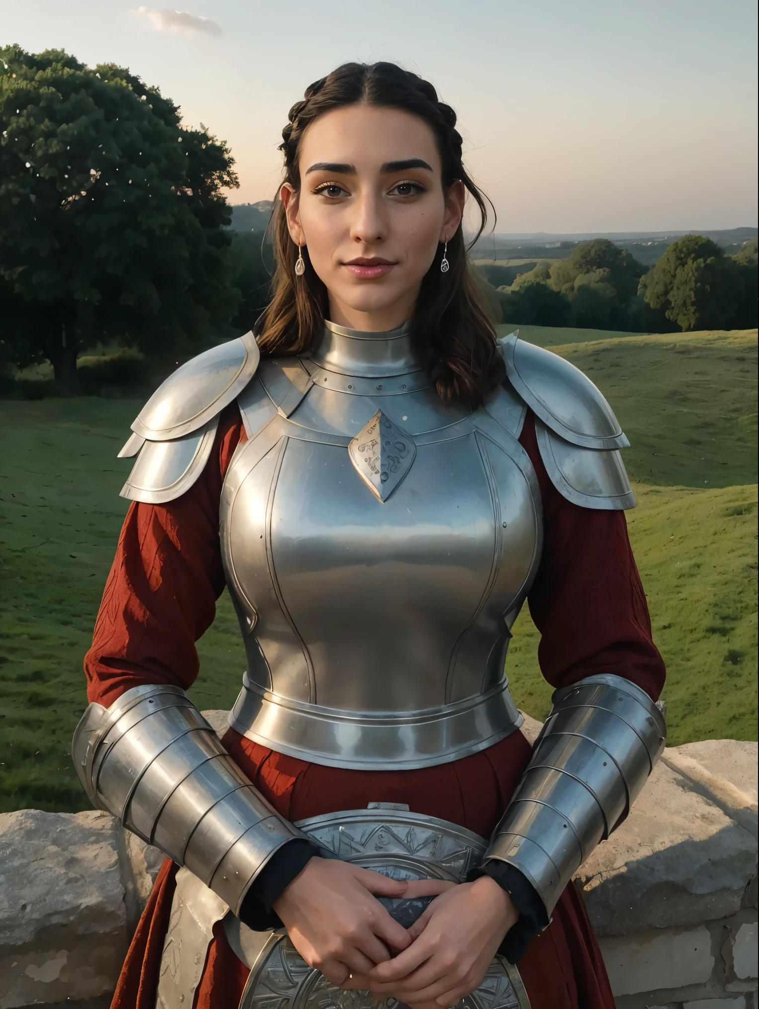 Gorgeous and sultry busty athletic (thin) brunette queen with sharp facial features wearing a modest updo, crown braid, modest ceremonial plate armor, dark red tunic, dark red hauberk, silver medieval armor, long sleeves, intricate patterns, filigree, gauntlets, pauldrons, breastplate, crown, silver belt, (waist chain), medieval jewelry, Middle Ages, castle, rampart, wall, exterior, on top of a castle wall, trees, countryside, evening, sunset.