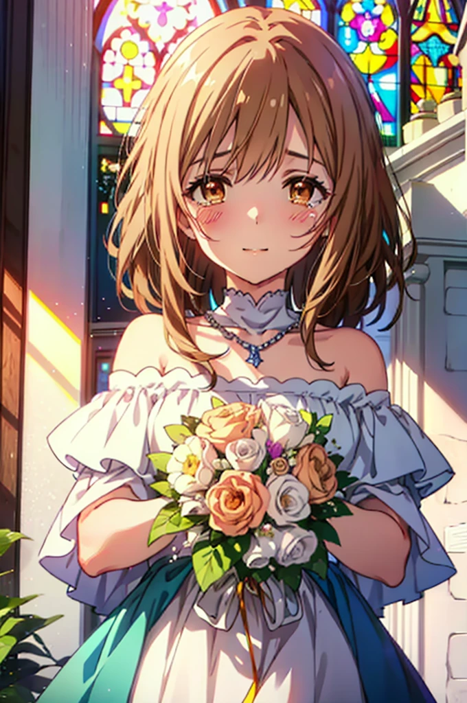 a sun ayuuki, a sun a yuuki, Long Hair, Brown Hair, (Brown eyes:1.8),smile,blush,Off-the-shoulder wedding dresses,necklace,wedding long skirt,Holding a bouquet in both hands,Clear skies,Tears stream down her face,Tears of joy,I cry a lot,Flower storm,whole bodyがイラストに入るように,background(Stained glass)
break indoors, Chapel,教会
break looking at viewer, whole body,(Cowboy Shot:1.5),
break (masterpiece:1.2), Highest quality, High resolution, unity 8k wallpaper, (figure:0.8), (Beautiful attention to detail:1.6), Highly detailed face, Perfect lighting, Highly detailed CG, (Perfect hands, Perfect Anatomy),