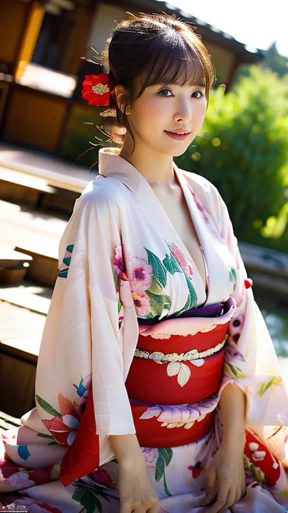(Very detailed, beautiful, outdoor hot spring, Slightly fat, full, big breasts, big breasts, M cup, Sexy, delicate face, kimono,Large aperture, Character close-up, Highest quality