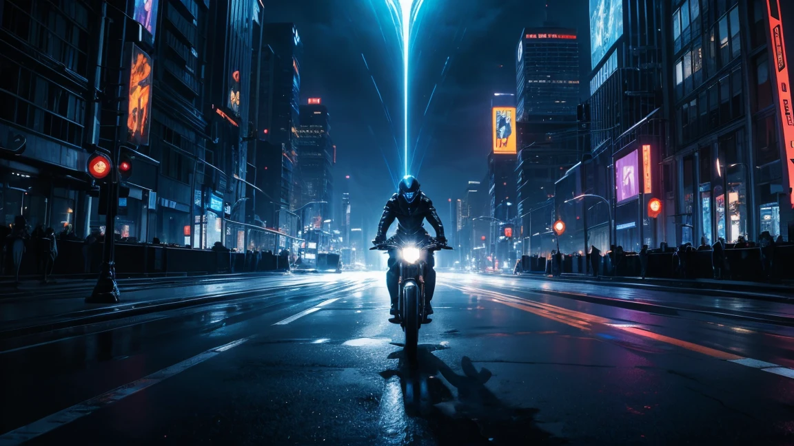 ((masterpiece, Highest quality, Best image quality, High resolution、8k))Evil Demon Rider、Huge Bike、Glowing blue eyes and advanced cybernetic enhancements. Seen in dynamic action poses, reflection on a smooth surface. The cityscape below is filled with towering skyscrapers., illuminated by colorful holographic advertisements, Shining with blue energy, Mighty power. The overall atmosphere is dark and mysterious., It had a futuristic techno vibe.. The lighting is dramatic, Intense highlights and deep shadows, Creates depth and tension.