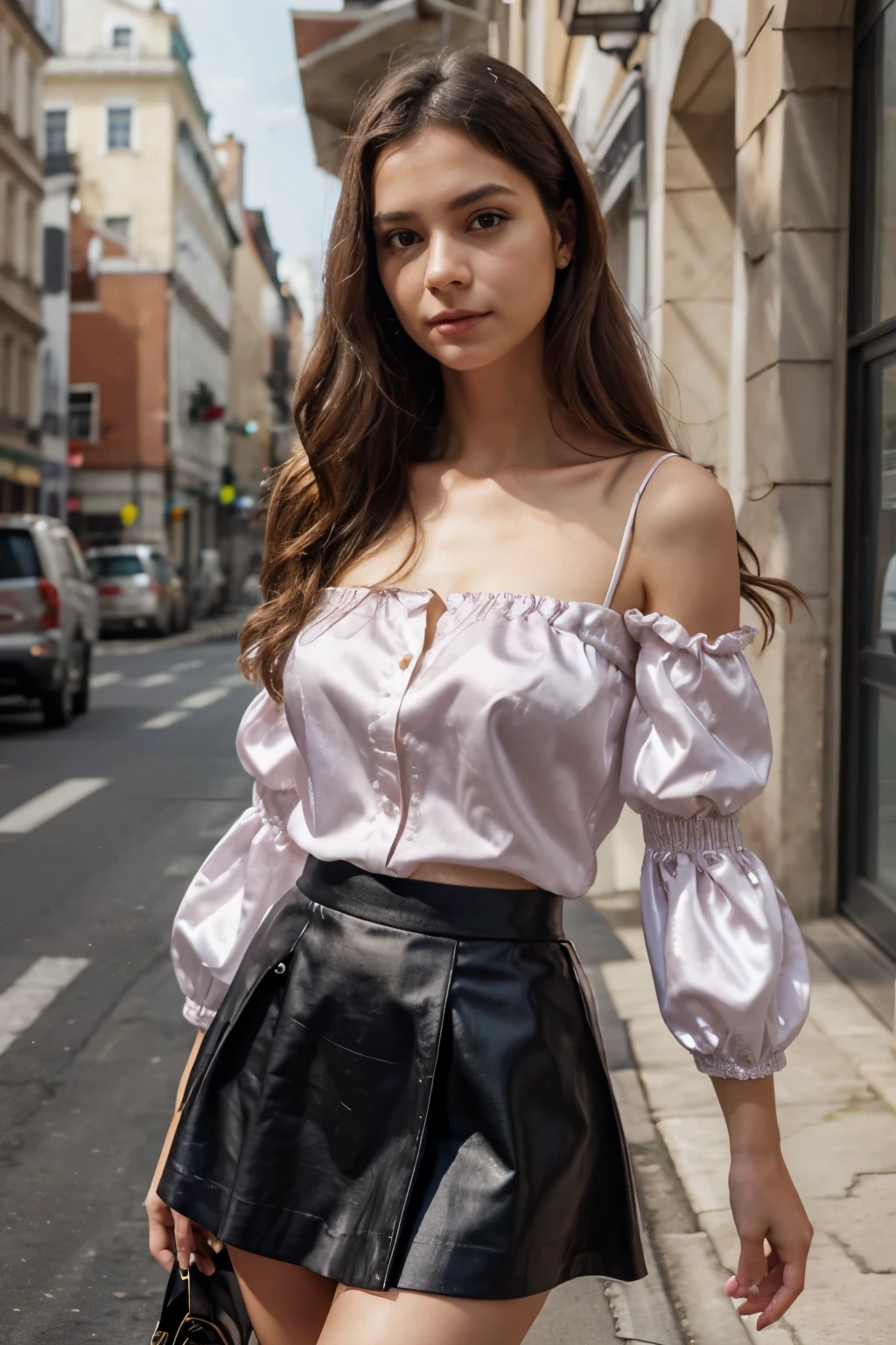 Generate a realistic, human-captured image of a person wearing a blouse with puff sleeves paired with a satin skirt.