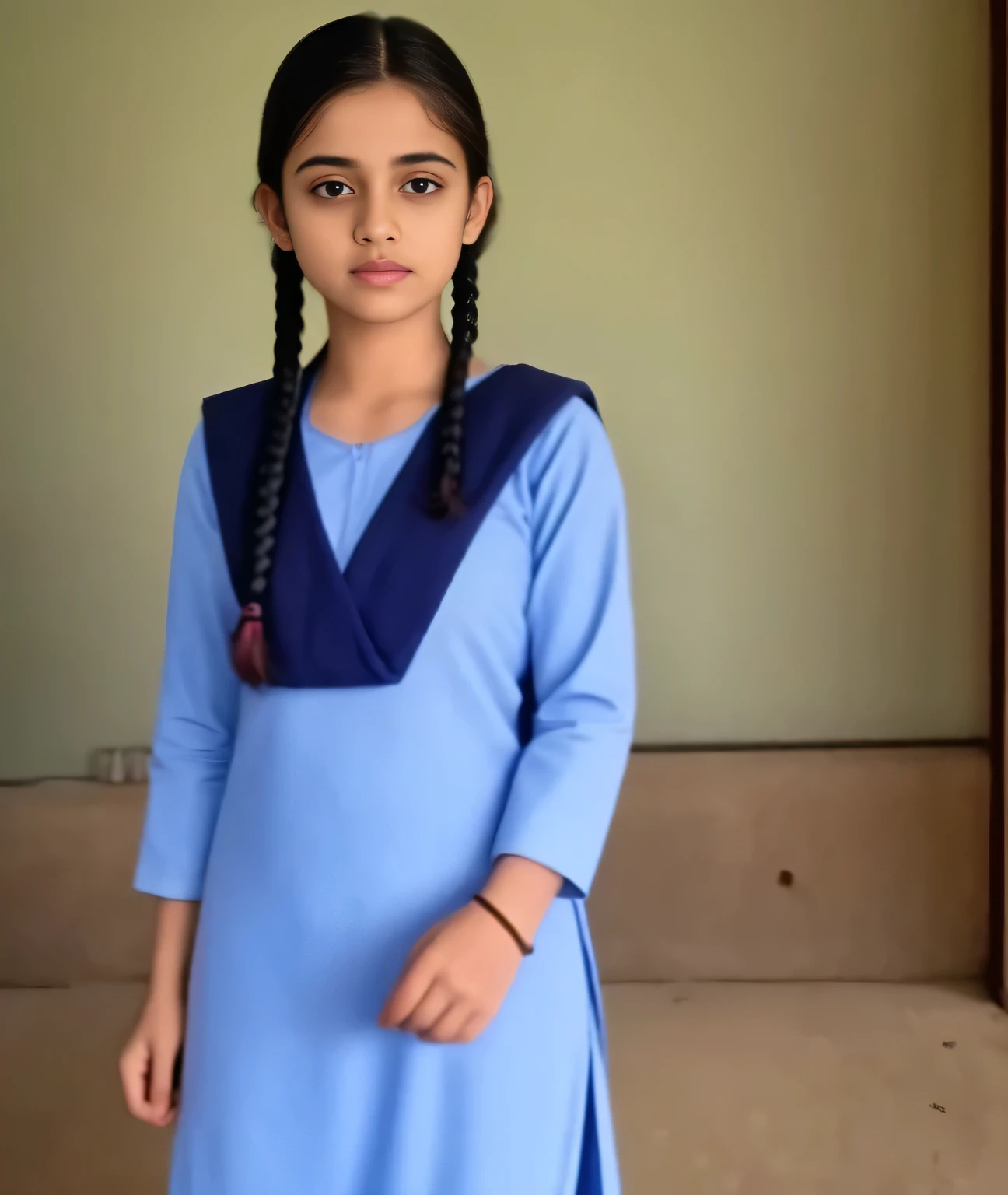 Raw photo , 1 girl ,Wearing salwar kameez uniform, girl, with plait , professional photographer, (hdr:1.4), masterpiece, ultra-realistic 8k, perfect artwork, intrincate details, cute face, award winning photograph, (Best quality, 8k, 32k, Masterpiece, UHD:1.3)