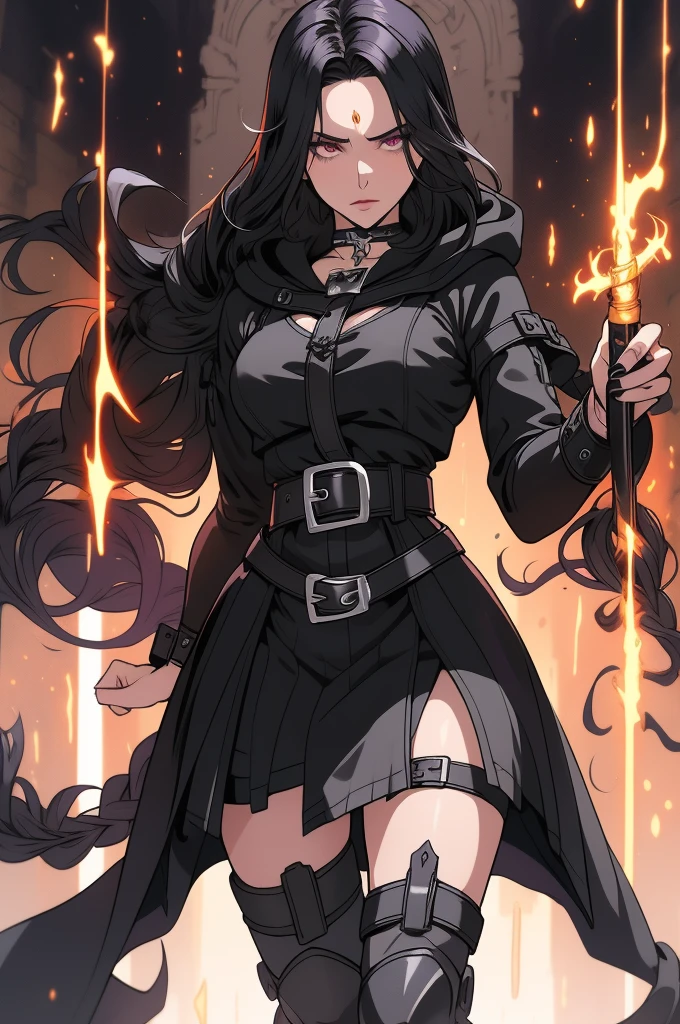 1 adult girl, Raven, black skin black leotard, black cloack, hooded cloak, sexy Greek knee-length skirt, booties, long flowing hair, wavy black hair, forehead jeauel, purples eyes, medieval belt, firm skin, standing, toned, breastsout, battle pose, delicate pose, perspective view(posando)), Lines of movement, portraite, b&au. Contour, whole body, holding a spear, wearing knee pads