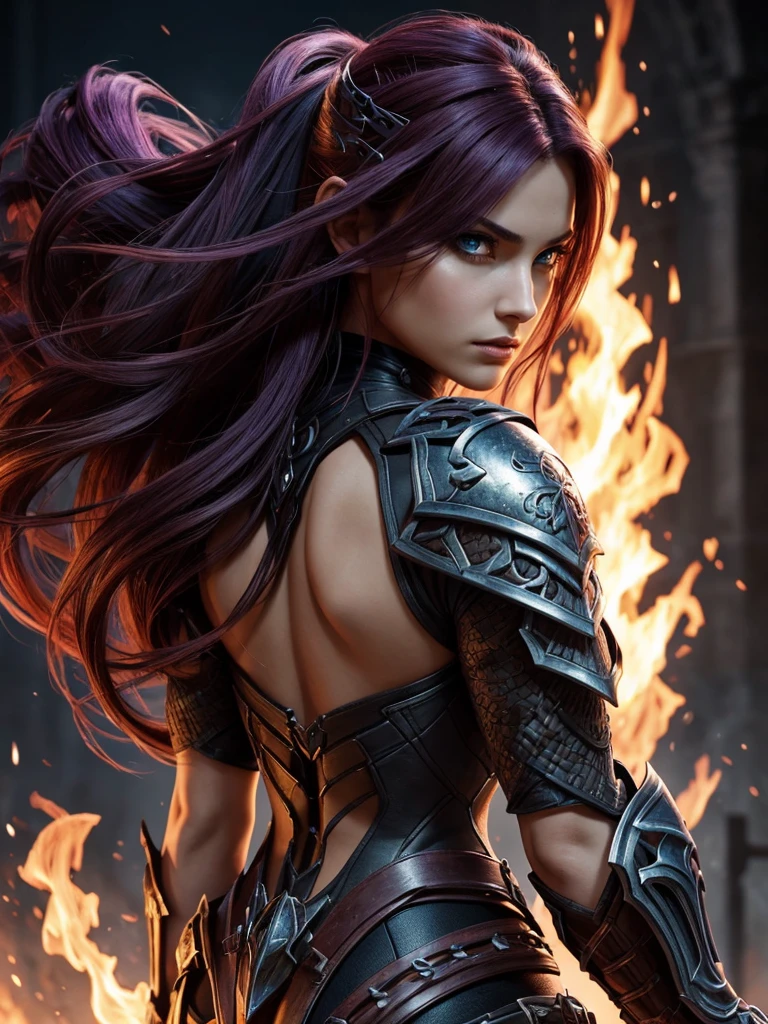 Fury do jogo Darksiders 3, work of art, highest quallity, (focus only), (face perfect:1.1), (high détail:1.1), (hyper detailed eyes), Dramatic, 1womanl, (brunette skin), long purple hair, (white irises), Individual focus, amazone, long hair, moonligh, natta, armour, fleshy lips, castle, detailed back ground, artwork by Artgerm, cinematic lighting,fire whip,hellcore