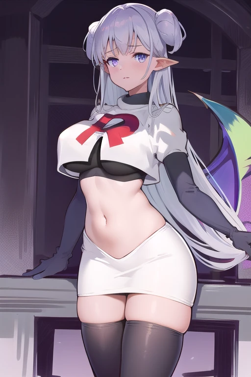 1girl,blue-purple eyes,large breasts,albionsuccubus,bat wings, 
team rocket,team rocket uniform,white skirt,red letter R,crop top,black thigh-highs,black elbow gloves
 