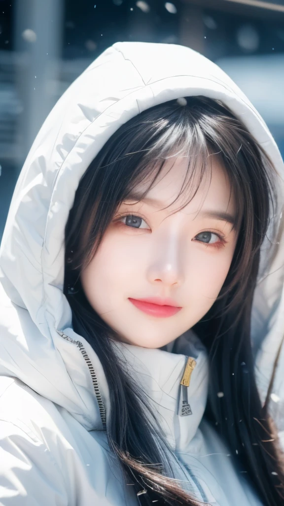 Wearing a white down jacket, Fair skin, 1 girl，Shut up and smile，Winters，23-year-old girl，high quality，Looking at the camera，For the audience，Snowing day，With bib，Real People，Beautiful and delicate girl, Very detailed eyes and face，Fine details，Unity,8k wallpaper,Real People，