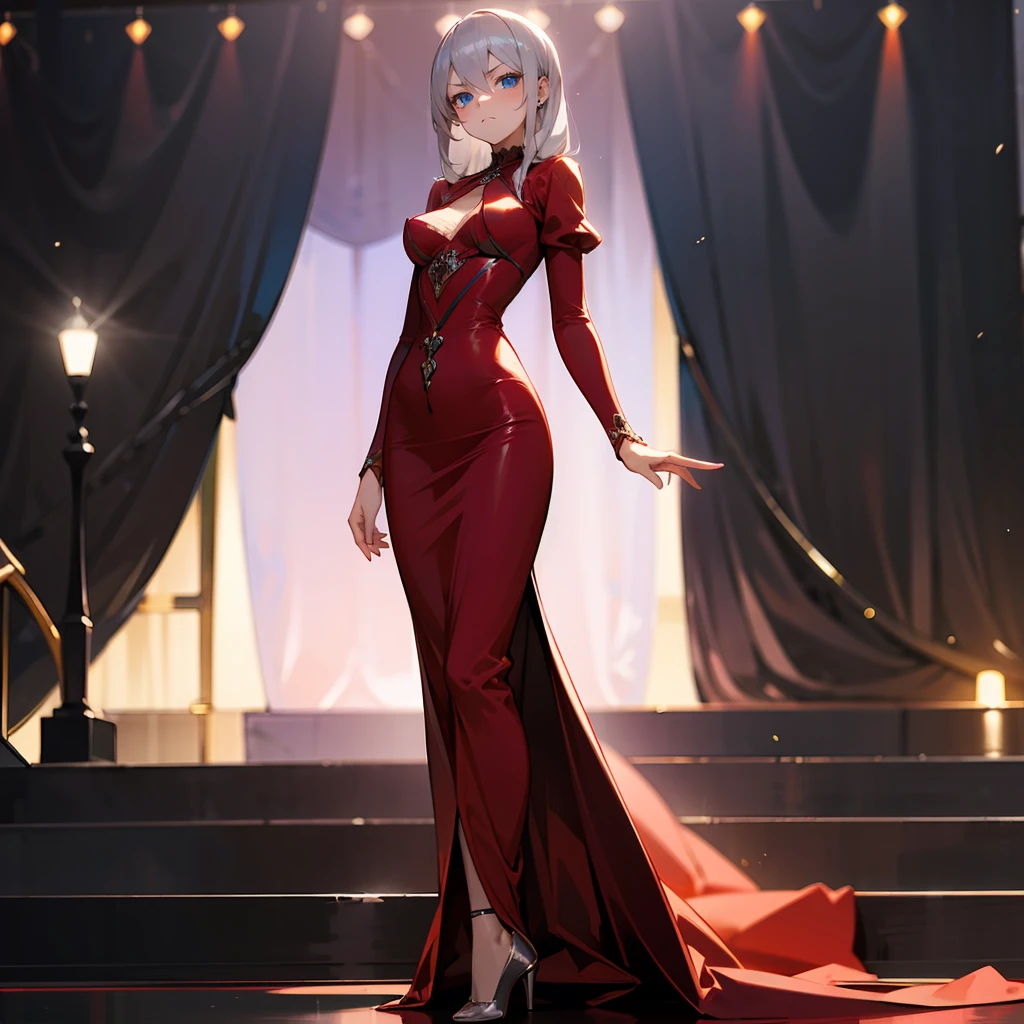 1female, Silver Hair, Red Evening Gown, Straight Hair, Silver Heels, Elegant Attire, Blue Eyes, Serious Expression, Slim, Adult Female, Ballroom, Standing by the Stage