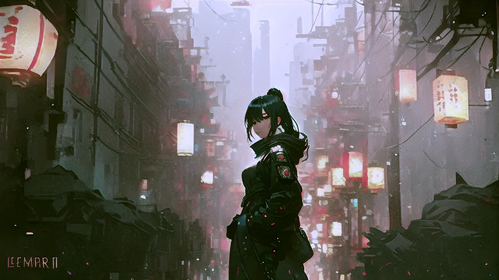 A woman stands in front of a street full of lanterns, I lost cyberpunk style, Ross Tran. Landscape Background, rossdraws Global Illumination, I lost. Unreal Engine, red lantern, Atei Gailan 8K, I lost style, ( ( I lost ) ), By Atey Gairan, inspired By Atey Gairan