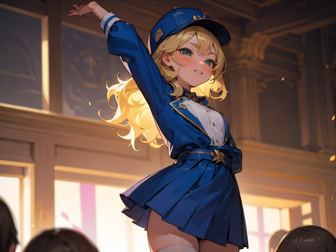 masterpiece,best quality, Extremely detailed,1 Girl(Sakurai Hyakuka, lovely small breast, Glowing skin, curls, Long hair, Blonde Hair,Green Eyes),Smile, Shiny lips, nose blush, blush, For the audience, Looking at the audience, Solitary, Blue Jacket, breast下部 , breast , Umbilical cord, Blue pleated skirt, Mini skirt, Baseball cap, White stockings, site, permanent, Sexy waist tease, Stretch out your arms