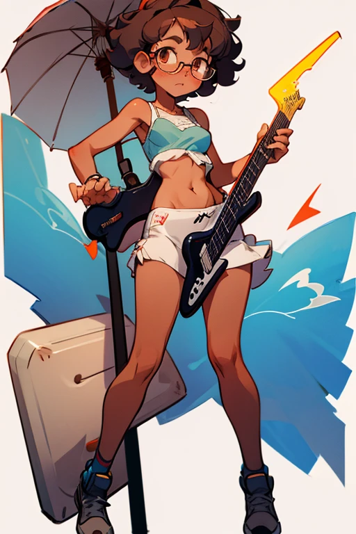Really embarrassed tomboy girl, with short gray curly hair, brown skin and glasses, in transparent underwear , full body, Covering her body with a Electric guitar