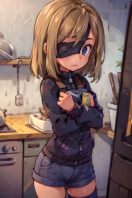 girl in spandex booty shorts, wearing oven mittens tucked in pockets, blindfold