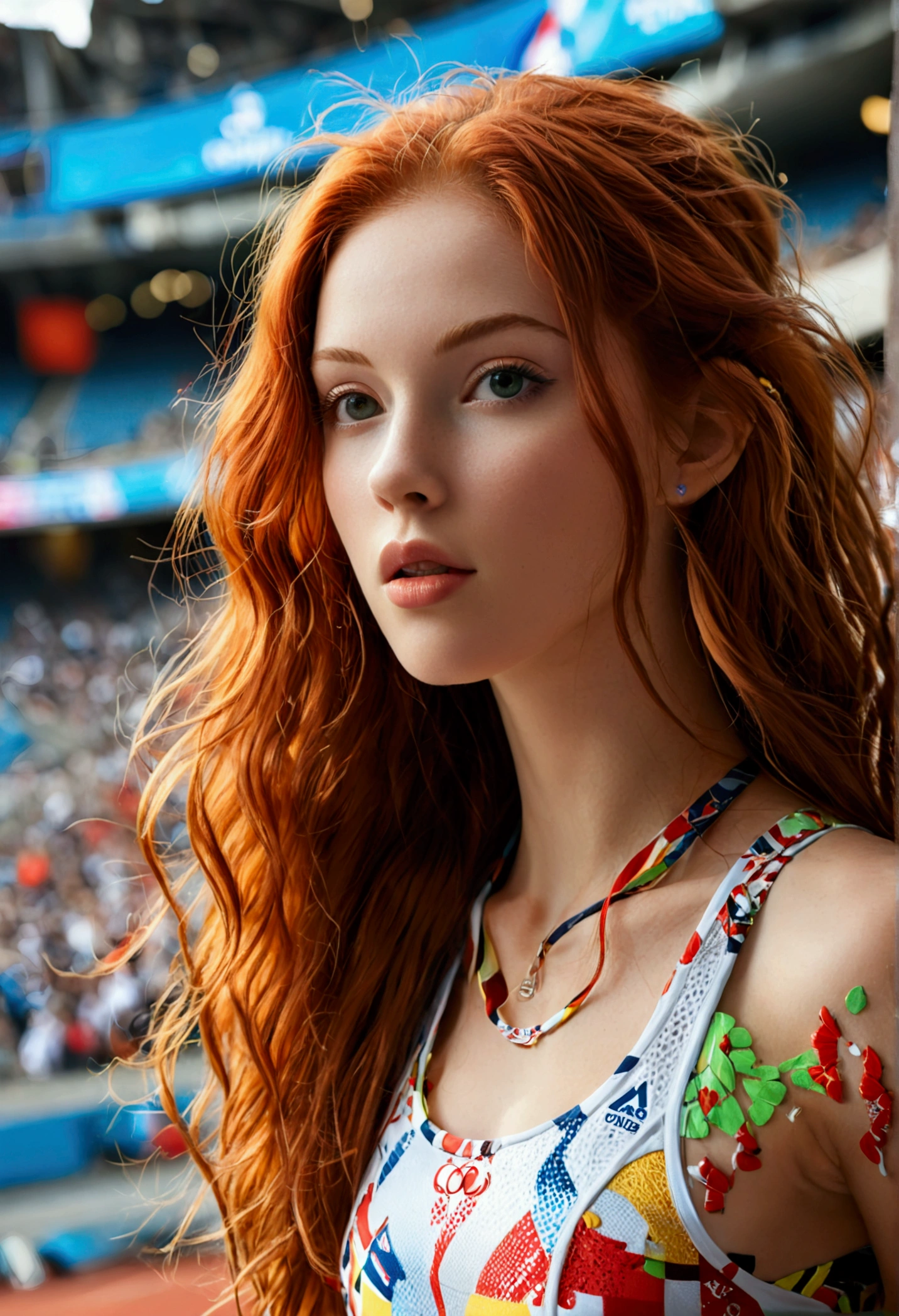 ultra realistic, photography, long red hair, girl, 24 years old, hourglass figure, perfect body, Flirty look, natural breasts, blur background, in a sold out olympic stadium, being an olympic runner, running, Number 001, wide shot (wide shot)