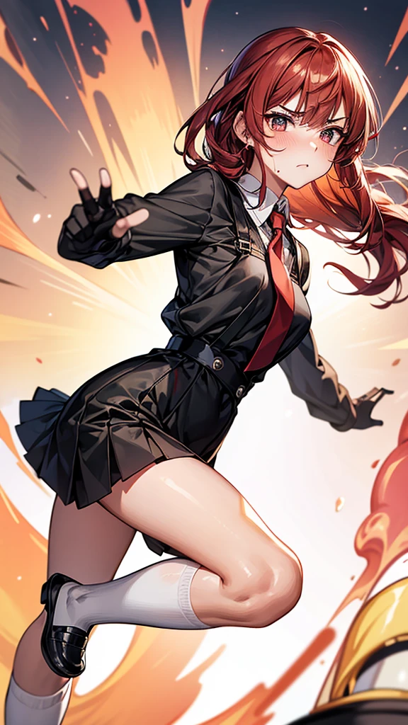 Cowboy Shot,from side,Dynamic composition,{{masterpiece}}, {{{Highest quality}}},{{Very detailed}}{{{Mature woman punching with flaming fist}}},{{疲労でSweatをかいている成人女性}},Sweat,action,{{Blushing}},{{V-shaped eyebrows}},{{White Long sleeve mini skirt uniform}},{{suspenders}},{{{Fight}},{Forward tilt},Raise your hand,Shoot flames from your hands ,{{}},{{Eyelet foot}},,{{magic}},{{Fighting}},,Slender body}}{{Female police officer}},,White long-sleeved blouse,,suspenders ,Long sleeve mini skirt uniform, White High Socks,Black fingerless gloves, Long Red Hair, Red tie,Straight hair ,Blunt bangs,.amountn loafer,,blush,,,suffering,v-shaped eyebrows.,Sweat dripping,Medium chest ,
