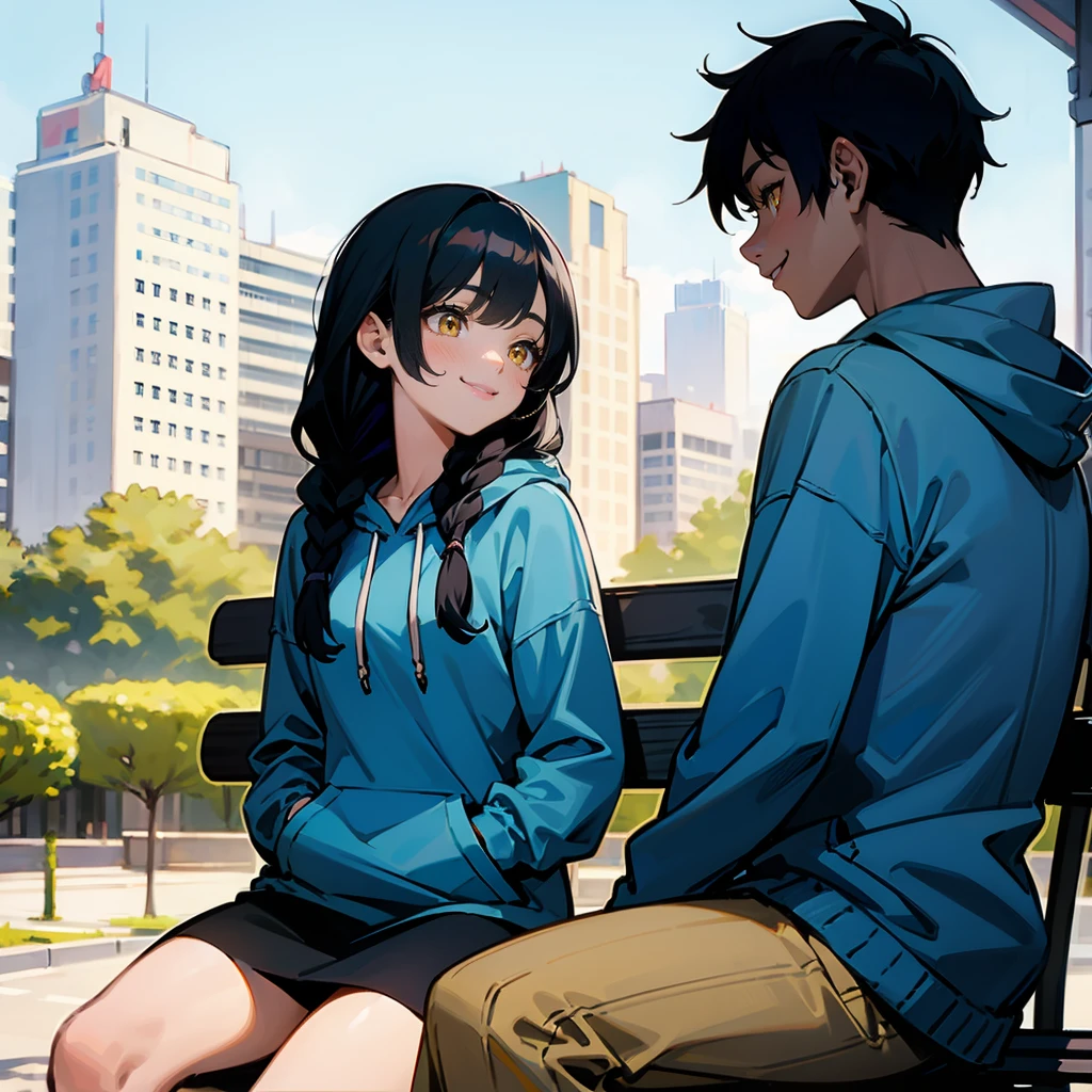 1female, Black Hair, Blue Hoodie, Braided Hair, Yellow Eyes, Smiling, Muscular, City, Sitting on a Park Bench
