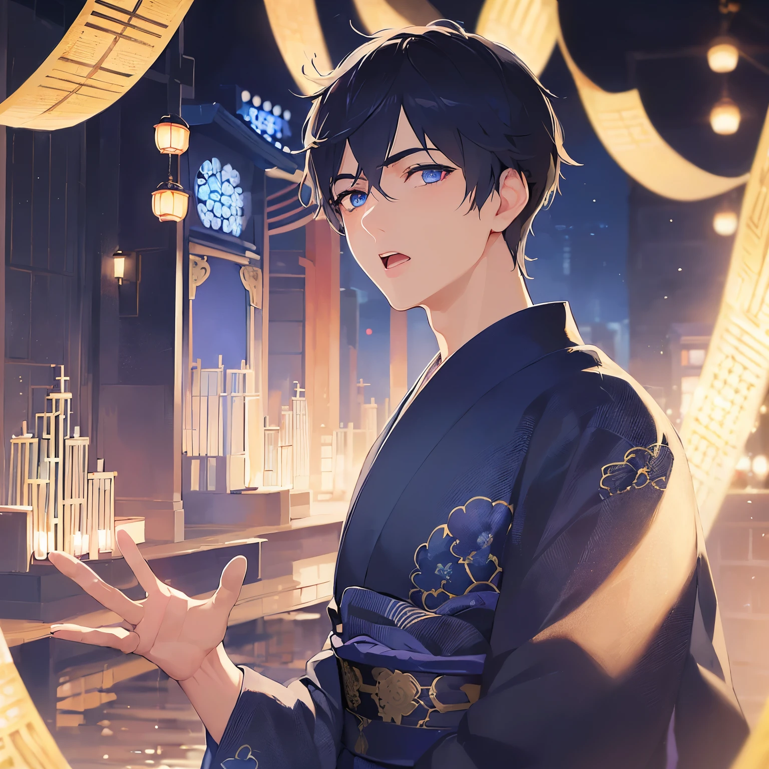 (25-year-old male:1.2) and(Black short hair) and (Blue eyes), (looking away:1.5),waving、
upper body, masterpiece、Highest quality、 (Blue) and (yukata),(wide eyes:1.5),(open mouth:1.5),Upset,The background is a Japanese-style corridor at night