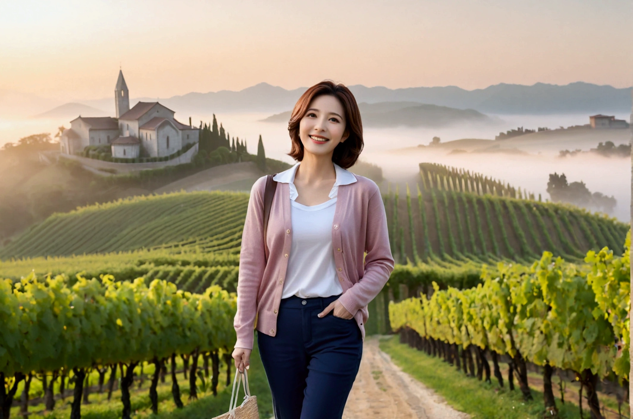 8k, ultra high resolution, best quality, masterpiece, 三分割法によるpicture,surreal, picture, 1 woman, (36 years old:1.3), Pretty Woman, Cute face, Beautiful Eyes in Every Detail, 細かくdetailedに,masterpiece,, a woman:1.2, Korean female announcer, Inspired by Son Ye-jin. whole body,young wife,Light pink collared shirt and short luxury brand cardigan, casual pants, Italian countryside vineyard road, foggy vineyard at dawn, A cathedral can be seen in the distance in the fog., look up at the sky , Full of cleanliness,a relaxed smile,heal the heart, short medium hair,beauty,long neck、Smile a little、Please shut your mouth and smile、(((ideal body type))),A cup small breasts :2,、portrait:2、complete anatomy、鮮明なdetailed、detailed、surreal, 캐논 16-35 광각렌즈 whole body샷, Show the pants part, Vivid picture quality, clearly, walking on a path, whole body 보이게, Short hair, short medium hair, short woman, three dimensional grape leaves, 1 woman