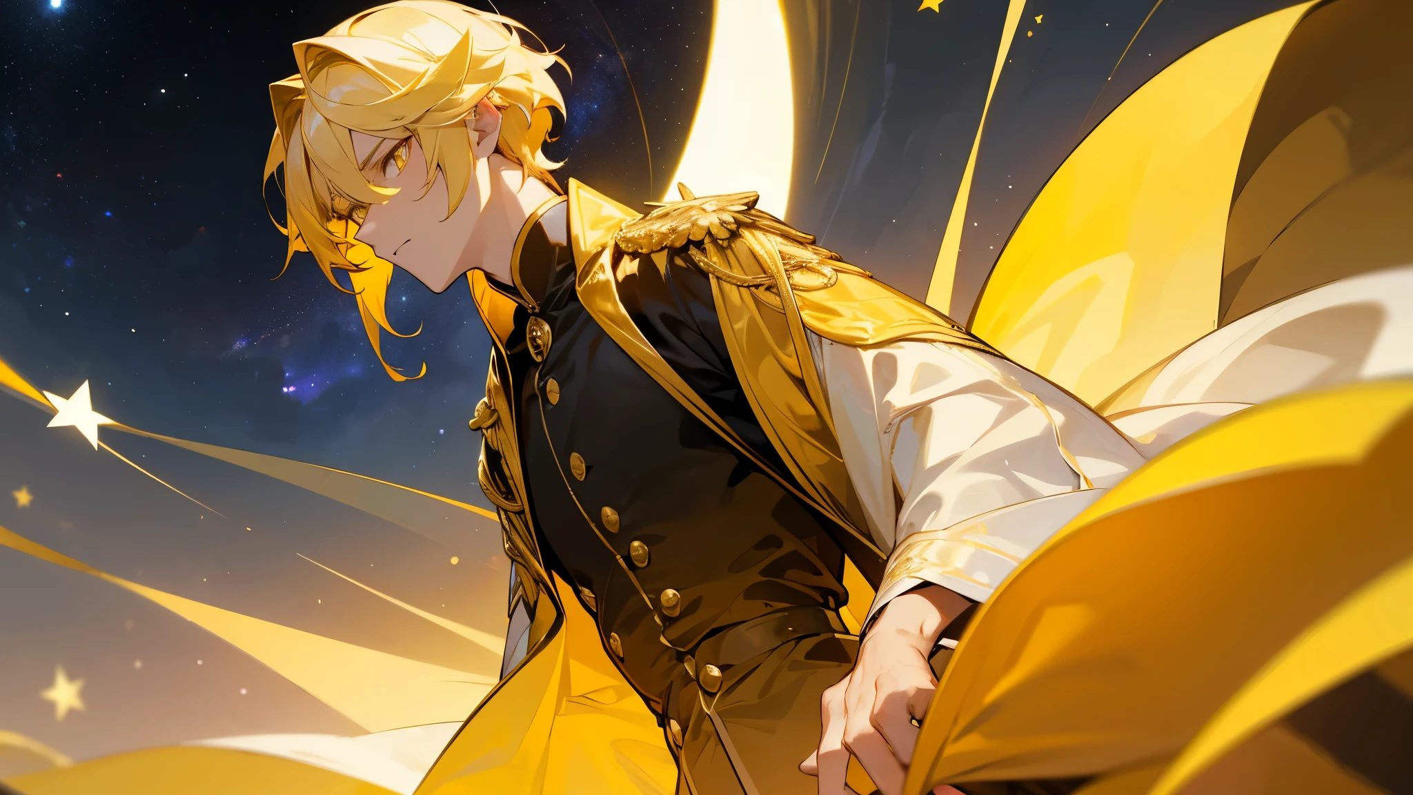 blonde hair, gold eyes, red ring on hand, beautiful male, yellow eyes,star clip, long hair, yellow royal clothes, start sky, 8k resolution, sky, galaxy, young male, serious face, yellow jacket, short hair, black shirt,