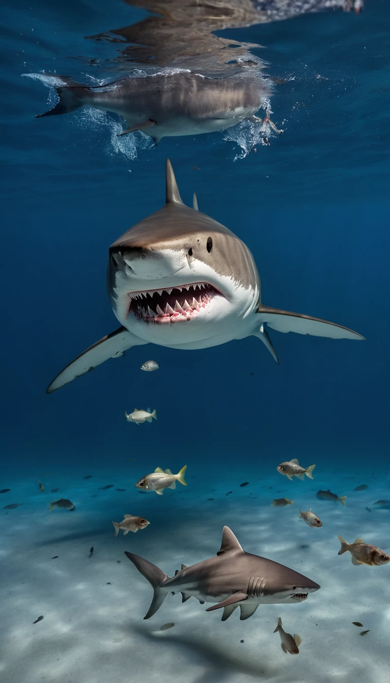 A shark with a dog's head and fish's body hunting for food in the sea, deep blue water, fish swimming around, realistic scale details, dynamic hunting scene, photorealistic style, Nikon Z7, 24-70mm f/2.8, natural light.