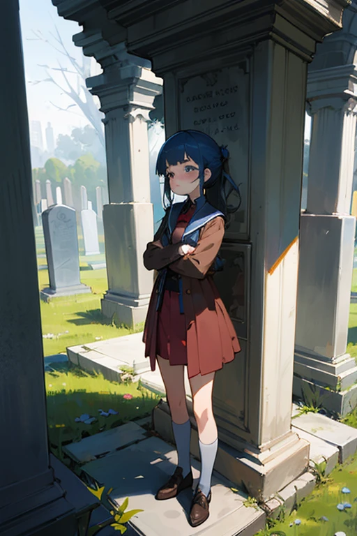 Anime woman standing with a sad face in front of a gravestone