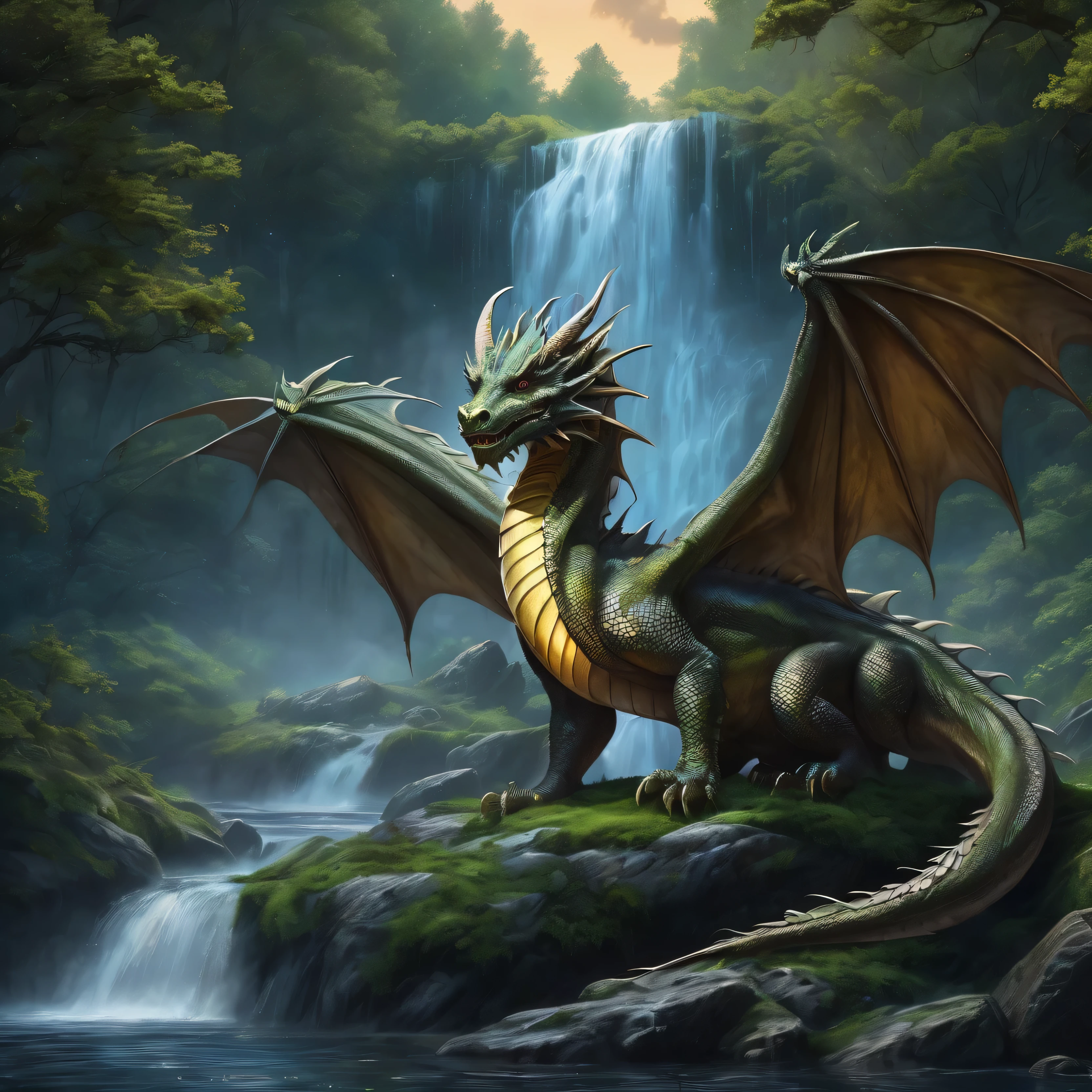 (A European dragon with wings sleeping in front of a forest waterfall ), solo, waterfall, moon mystical creature, realistic, ultra detailed, dynamic pose, moonlit night, detailed forest background, vegetation in the foreground
