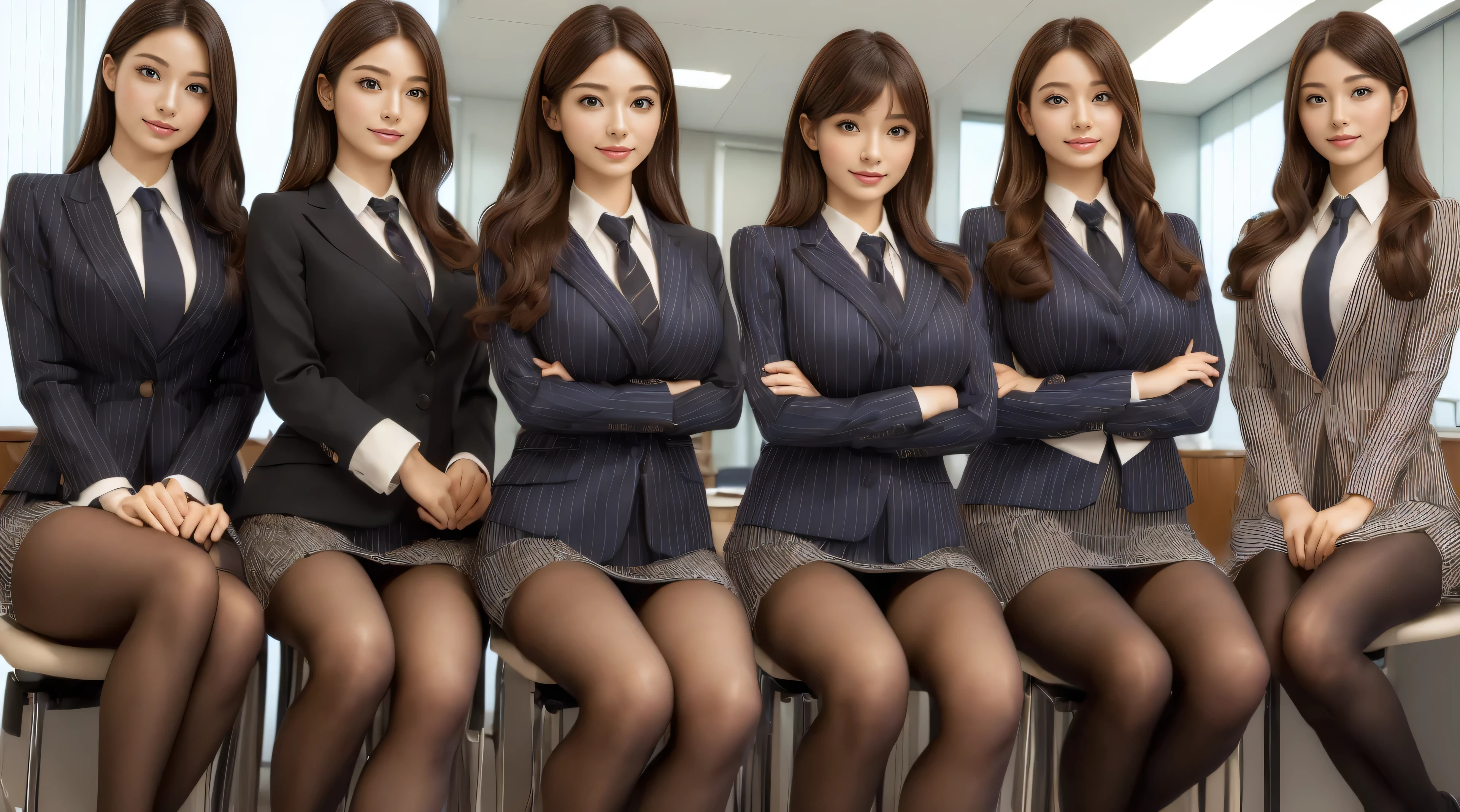 (best quality, masterpiece:1.5), (ultra-detailed, realistic:1.37),4K,(4woman:1.5),(smile:1.3),(4group photo),japanese,cute,beautiful,up ponytale hair,(big breast),(striped office suits),skirt,blouse,(black pantyhose),beauty legs,(sexy pose:1.1),(crossed arms:1.2),(angle from below:1.2),(sitting:1.2),(various hair style:1.2),