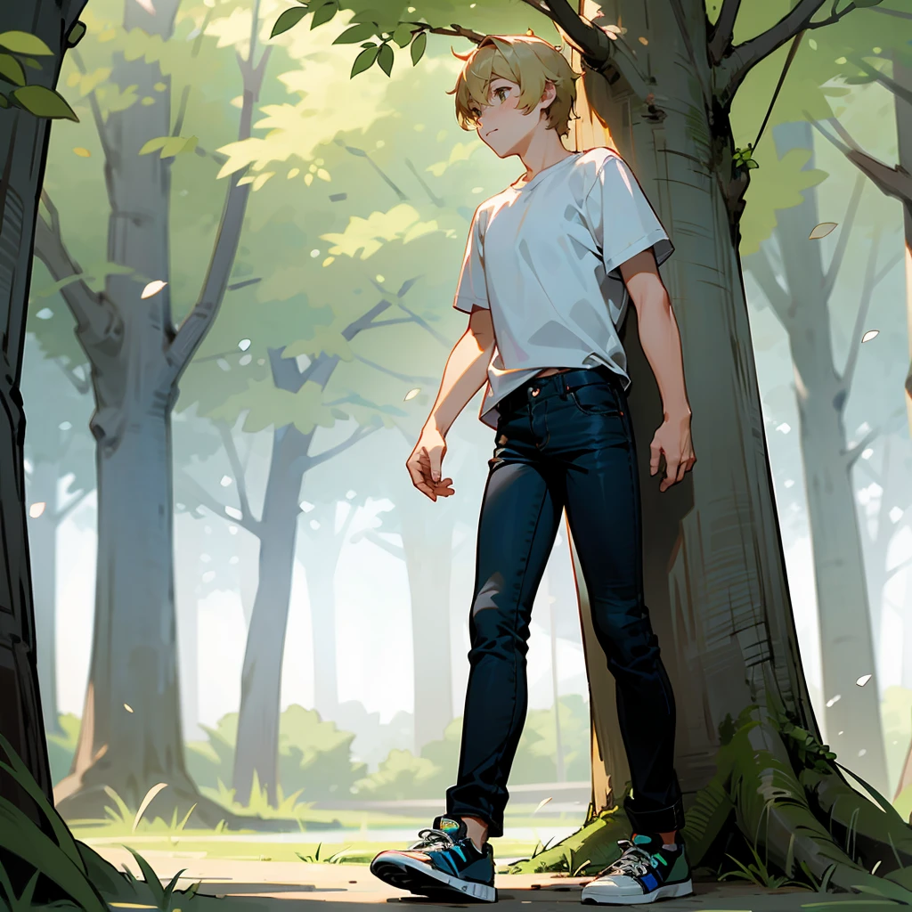1male, Blonde Hair, White T-shirt, Shaggy Hair, Black Jeans, Sneakers, Hazel Eyes, Calm Expression, Tall, Young Male, Forest, Walking through the Trees
