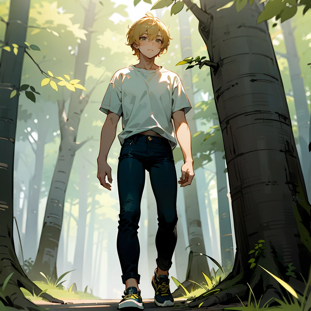 1male, Blonde Hair, White T-shirt, Shaggy Hair, Black Jeans, Sneakers, Hazel Eyes, Calm Expression, Tall, Young Male, Forest, Walking through the Trees