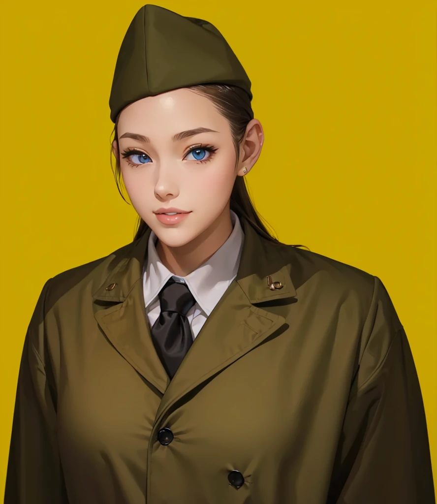 Female, (girls:1.5), (exceptional, best aesthetic, new, newest, best quality, anime, waifu:1.2), best quality, ultra detailed, absurdres, highres, colored, good anatomy, normal eyes, centered eyes, no cockeyed, no cross-eyes black hair, pretty smiling kind face, blonde hair, blue eyes, olive color soft hat, olive color coat, inside white shirt, black tie,