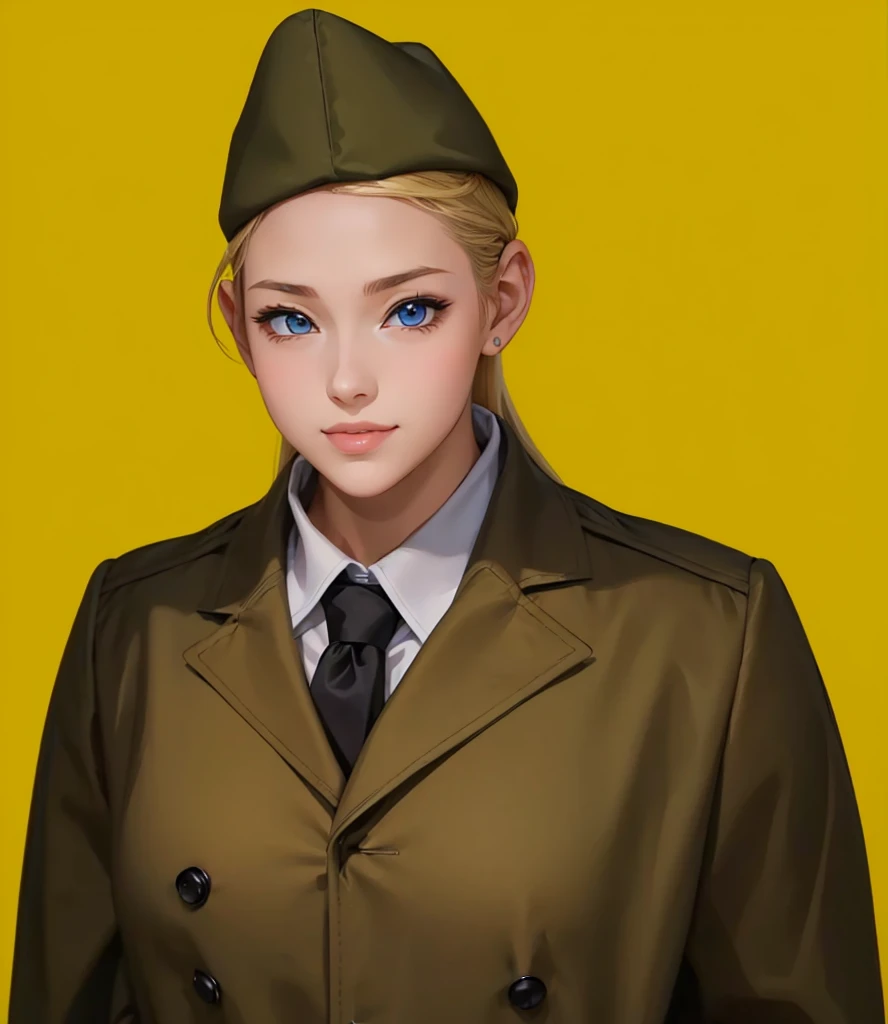 Female, (girls:1.5), (exceptional, best aesthetic, new, newest, best quality, anime, waifu:1.2), best quality, ultra detailed, absurdres, highres, colored, good anatomy, normal eyes, centered eyes, no cockeyed, no cross-eyes black hair, pretty smiling kind face, blonde hair, blue eyes, olive color soft hat, olive color coat, inside white shirt, black tie,