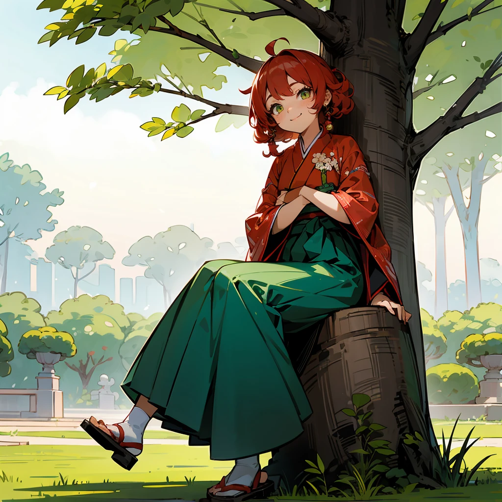 1female, Red Hair, Green Hanbok, Curly Hair, White Sandals, Traditional Korean Attire, Amber Eyes, Smiling, Lean, Adult Female, Garden, Leaning on a Tree