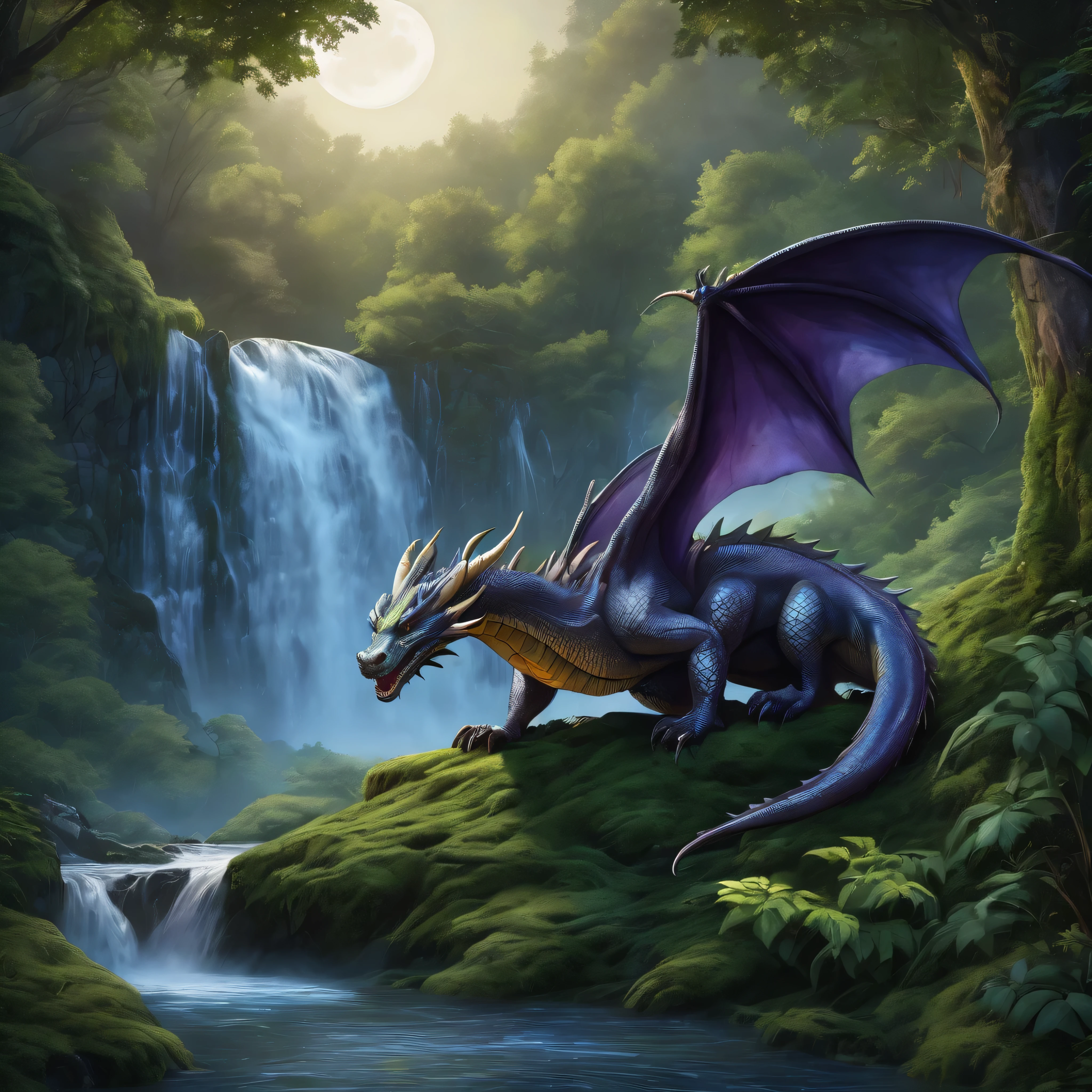  (A European dragon with wings sleeping in front of a forest waterfall ), solo, waterfall, moon  mystical creature, realistic, ultra detailed, dynamic pose, moonlit night, detailed forest background, vegetation in the foreground