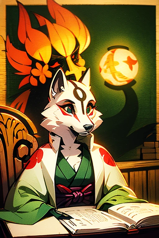 anthropomorphic, SFW, modest bust, Japanese clothing, white fur with red markings, calligraphy, single small glowing green light, small creak in background, working at a table