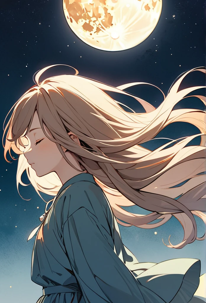 One girl, Long Hair, Closed eyes, masterpiece, Hair blowing in the wind, Simple Background, Illustration, Character Design, Ghibli-style colors, Soft Light, Night Sky,moon