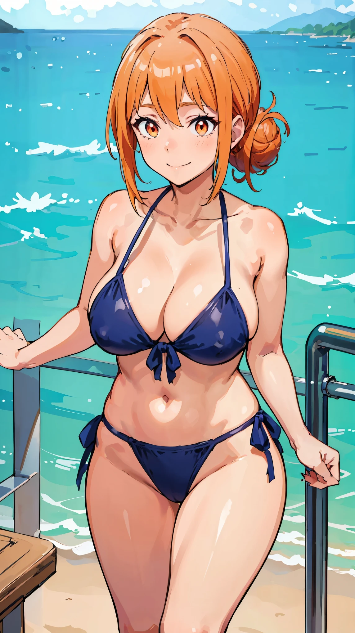(Highest quality, 8k, masterpiece :1.3),Mrs. Yuigahama,ガハMom, As I expected, my youth romantic comedy is wrong。, One woman,Bun Hair,30 years old,Mom,Orange Hair,Embarrassed,Leg spread,Voluptuous body,Perfect Anatomy,nsfw,Swimwear,Ocean,No incongruity with the background,smile