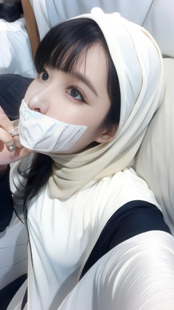 1 malay girl in white color hijab , dynamic angle, soft laughter, unique appearance, ((view from below looking up)), (look down at the camera and smile). Afternoon, gagged, tape gag, ball gag