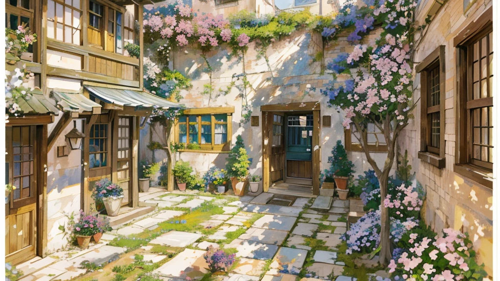 painting of a courtyard with a table and chairs and a bench, anime background art, relaxing concept art, anime scenery concept art, immensely detailed scene, a beautiful artwork illustration, detailed scenery —width 672, studio ghibli environment, environment design illustration, highly detailed scene, beautiful anime scene, detailed soft painting, ghibli studio style, anime scenery, environment painting